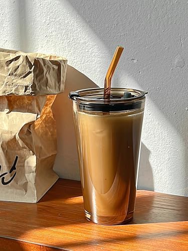 15oz Glass Tumbler with Straw and Lid, Cute Iced Coffee Cups, Aesthetic Glass Cups, Coffee Tumbler, Water Cup, Matcha Cup, Drinking Glasses (Amber)