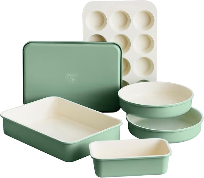 GreenLife 6 Piece Nonstick Bakeware Set, Non-Toxic PFAS-Free Ceramic Oven Pans, Dishwasher & Oven Safe to 450°F, Easy Release Baking Sheet, Loaf Pan, Rectangle & Round Cake, Muffin Pan, Sage