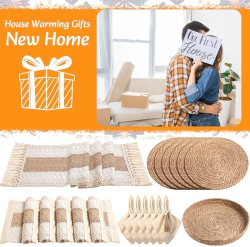 6 Sets Boho Placemats Round Woven Placemats, Cloth Napkins, Wood Bead Napkin Rings, Long Table Runner and Farmhouse Rustic Placemats Natural Burlap Cotton for Kitchen Dining Table Home