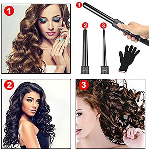 iMissiu Tourmaline 3 in 1 Curling Wand Set with 3 Interchangeable Curling Iron Ceramic Barrels with Heat Resistant Glove – Black