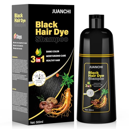 JUANCHI Black Hair Dye Shampoo 3 in1, Black Shampoo Hair Dye for Gray Coverage, Natural Hair Color for Women Men, Herbal Formula, Ammonia-free, Lasts 30 Days, 500ml (16.90 oz)