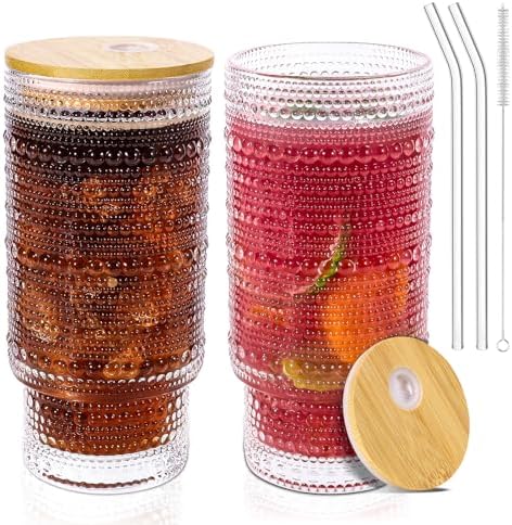 16 Oz Glass Cups with Lids and Straws, Vintage Embossed Glassware for Whiskey Cocktail Beer, Iced Coffee Cup with Lid, Glass Tumbler (2 PACK)