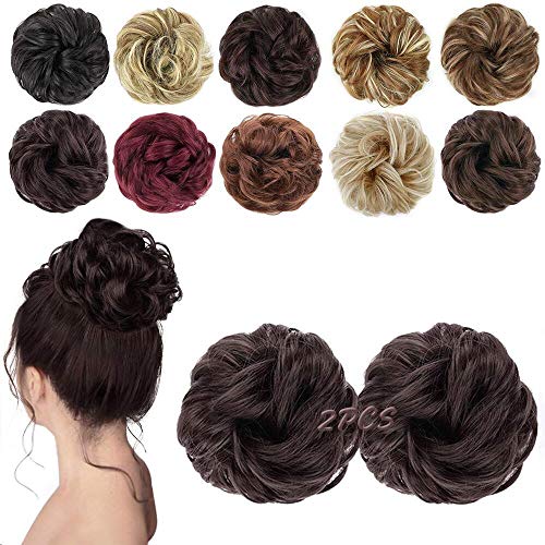 MORICA 2PCS Messy Bun Hair Pieces, Fake Bun Scrunchies for Thin Hair - Curly, Wavy Synthetic Chignon Ponytail - Dark Brown