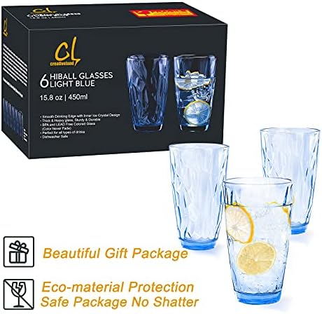 CREATIVELAND Highball Glass Tumbler Light Blue Set of 6, for Water,Cocktail,Juice,Beer,Iced Coffee,Clear Blue Glassware for Bar Kitchen,Thick & Heavy Glass Drinking Glasses with Heavy Base 16oz/450ML