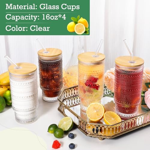 16 Oz Glass Cups with Lids and Straws, Vintage Embossed Glassware for Whiskey Cocktail Beer, Iced Coffee Cup with Lid, Glass Tumbler (2 PACK)