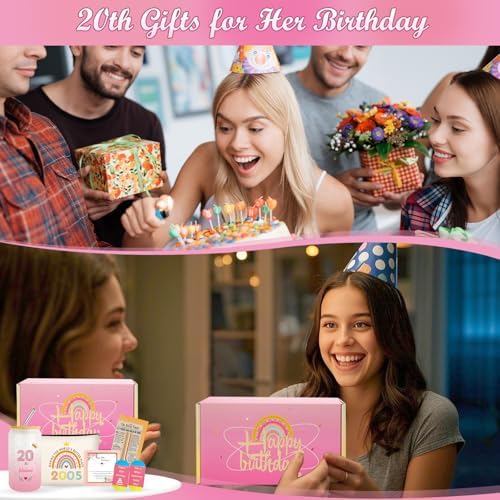 20th Birthday Gifts for Girls Women, Trendy 20 Year Old Girl Gift Ideas for Female Daughter Sister Niece, Cool Happy 2005 Decorations Presents Basket Glass Cup Sock