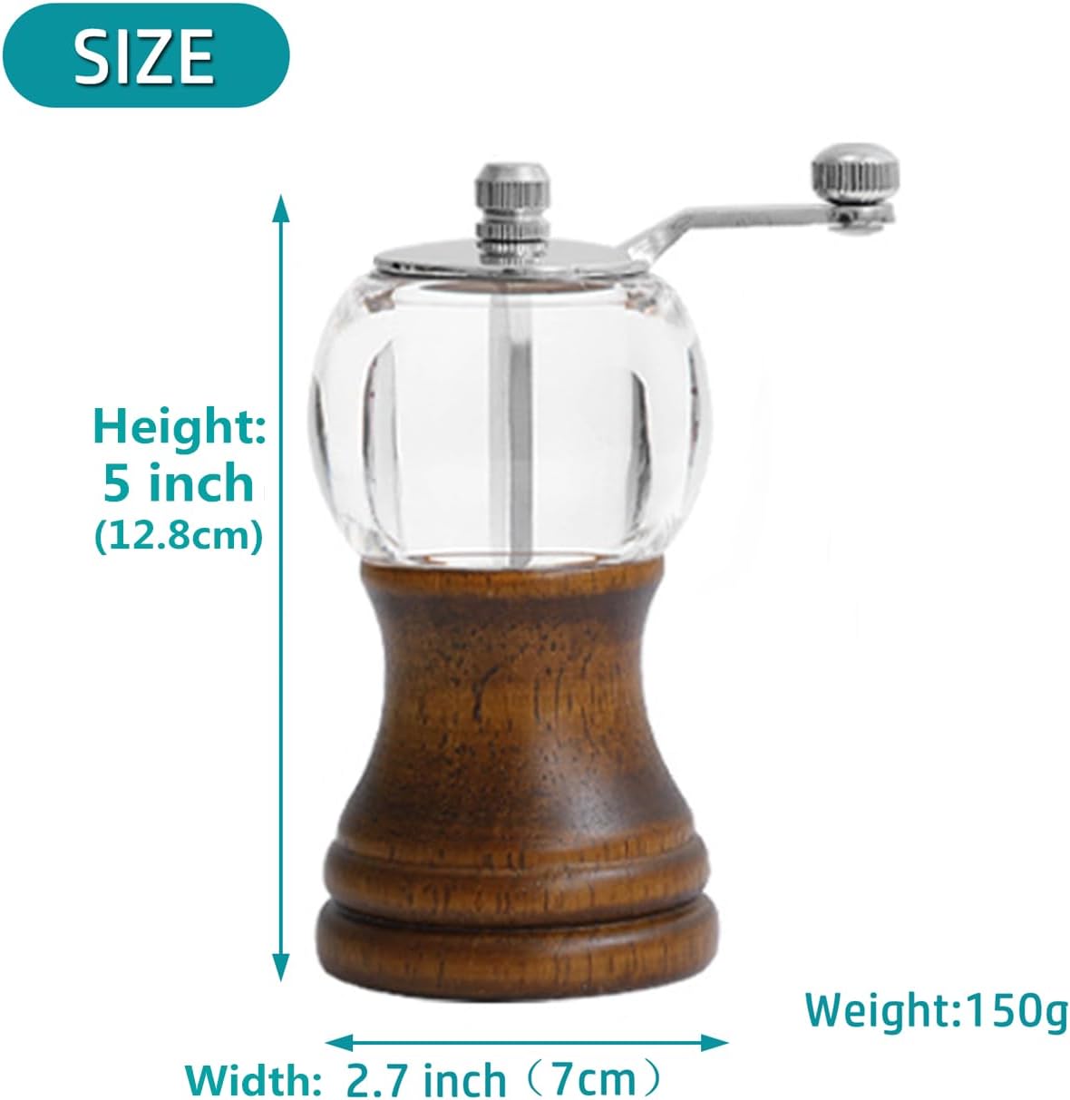 Pepper Mill Set, Manual Pepper Mills, Classical Hand Shake Wooden Pepper Grinder Set or Salt Grinder, Salt Mills Ceramic Blades Metal Handle, Enjoy Fresh Ground spices (Antique 1pcs-5in)