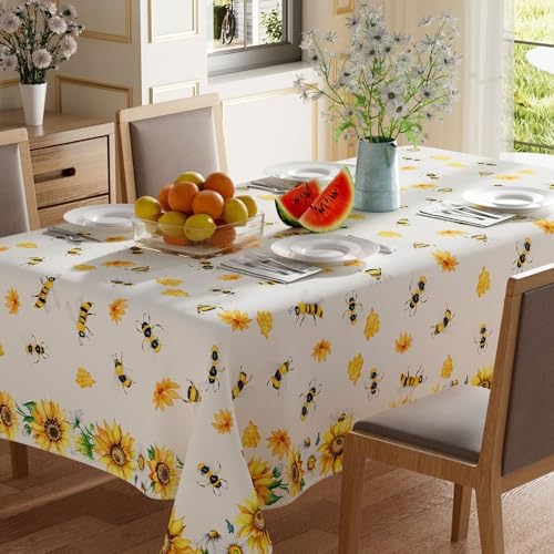 Yellow Sunflower White Daisy Bees Honey Summer Tablecloth Rectangle Washable Table Covers for Indoor Outdoor Dining Home Party Decorations 60x84 Inch