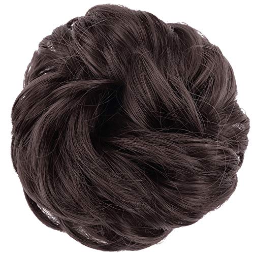 MORICA 2PCS Messy Bun Hair Pieces, Fake Bun Scrunchies for Thin Hair - Curly, Wavy Synthetic Chignon Ponytail - Dark Brown