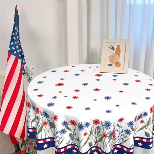 4th of July Round Tablecloth 60 Inch, Independence Day Tablecloth Memorial Day Table Cover American Red Blue Floral Decorative Patriotic Table Cover , Summer Seasonal Dinner Party Picnic Decoration