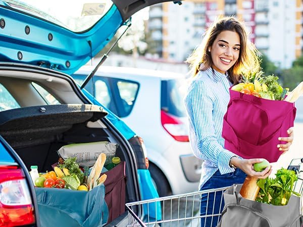 BeeGreen Cerise Reusable Grocery Bags Wholesale Reusable Kitchen Bags Bulk Foldable-Machine Washable with Zipper Storage Pouch 50 Packs