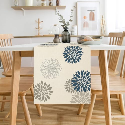 Blue Gray Table Runner Dahlia Pinnata Flower Table Runners Modern Elegant Pompon Farmhouse Geometric Table Center Decor for Home Dining Party Entrance (13x72 Inch)