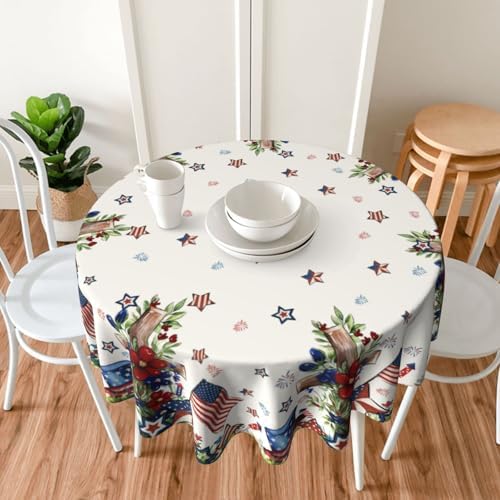 Star Floral Patriotic 4th of July Tablecloth Round 60 Inch Memorial Day American Flag Decorative Table Cloth Washable Wrinkle Stain-Resistant Independence Day Table Cover For Party Picnic Dinner
