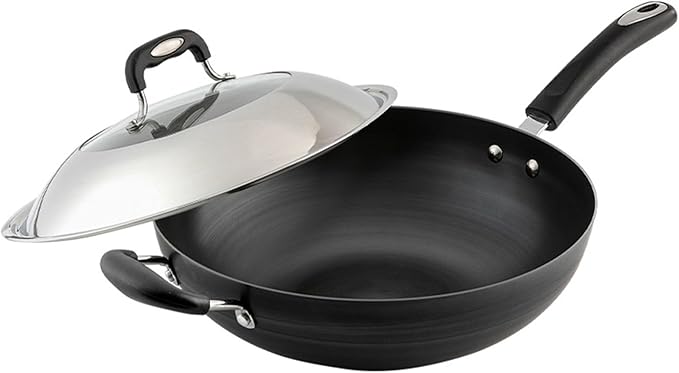 Wok Pan with Lid Nonstick Wok 30cm, Carbon Steel Woks Stir-Fry Pans, No Chemical Coated Flat Bottom Chinese Wok, for Electric, Induction and Gas Stoves