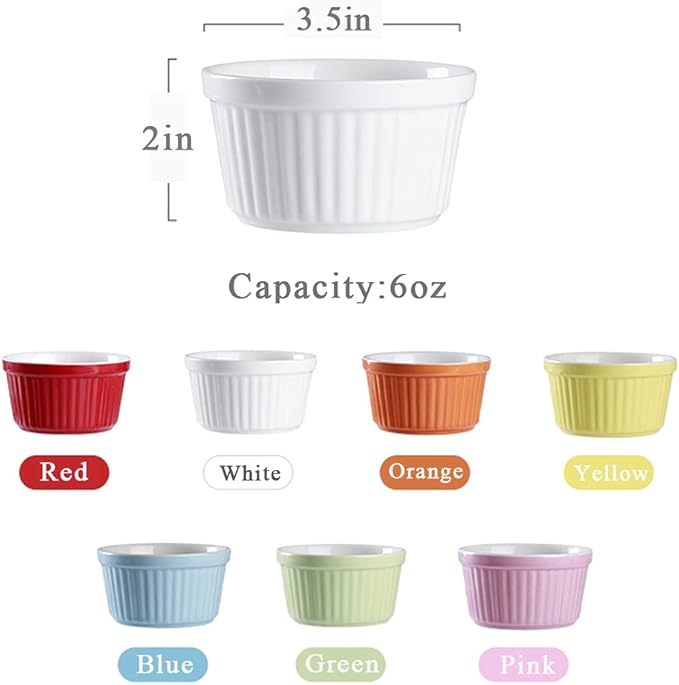 Ramekins 6oz Oven Safe,Creme Brulee Ramekin and Souffle Dishes,Porcelain Baking Bowls,Dipping Sauce Dish.Pudding Cups,Set of 6,Green.