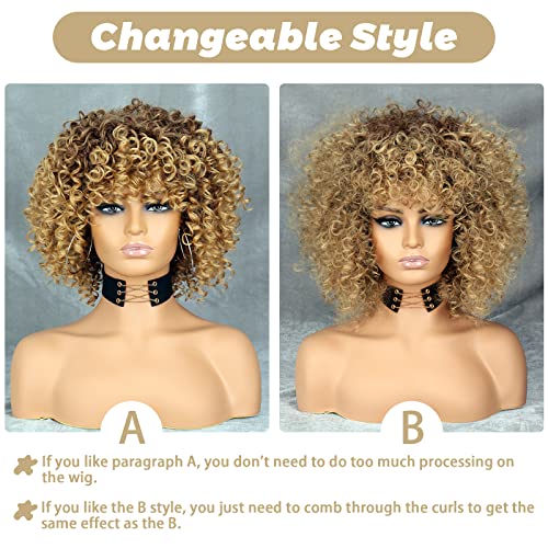 Xinran 14 inch Blonde Curly Wigs 70s, Kinky Brown Mixd Blonde Afro Wigs for Black Women, Synthetic Afro Curly Blonde Wigs for Women (Brown to Blonde)