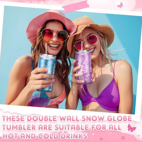 6 Pack Plastic Snow Globe Tumbler 16 Oz Pre Drilled Double Wall Clear Cups with Lid and Straw Squeeze Bottle Funnel Tweezer Bent Syringe for Glitter Snow Globe DIY Cup Making Supplies