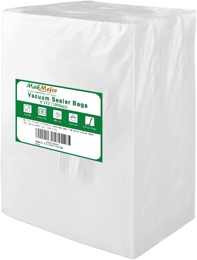 MakMeFre 100 Quart Size 8x12Inch Vacuum Freezer Sealer Bags for Food, BPA Free, Heavy Duty Commercial Grade, Sous Vide Vaccume Safe,Vaccume Seal Pre-Cut Bag