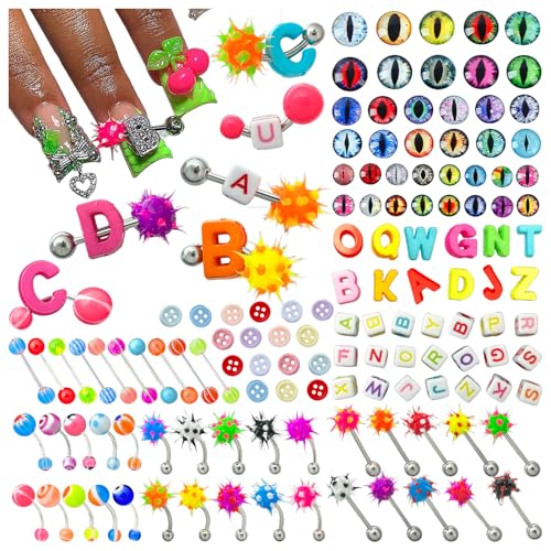 XIYONALI 440PCS Nail Charms for Acrylic Nails,Puncture Charms Colourful Alphabet Beads Buttons Eye Nail Accessories Nail Art Supplies Manicure Craft DIY