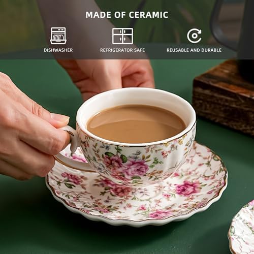 Tea Cup and Saucers, 6.4oz Floral Tea Cups with Gold Trim, Porcelain Bone China Teacup, Coffee Cappuccino Espresso Latte Mugs for Party Birthday,Party Cafe Home, Christmas Gift (White)