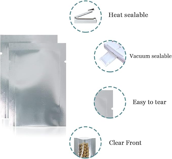 Silver Aluminum Foil Pouch Heat Seal Front Window Plastic Mini Open Top Flat Vacuum Packaging Mylar Bag Food Small Sample Mylar Storage with Tear Notch (1000, 7x10cm(2.7x3.9 inch))