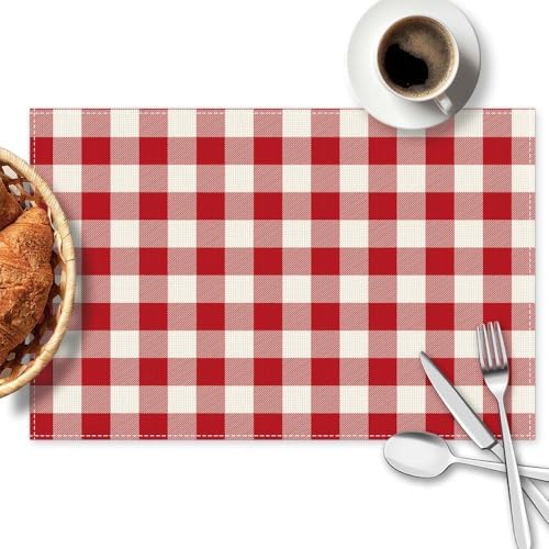 Red and White Buffalo Check Plaid Placemats Set of 4, 12x18 Inch Waterproof Stain Resistant Linen Table Placemats Farmhouse Kitchen Party Decor Home Décor