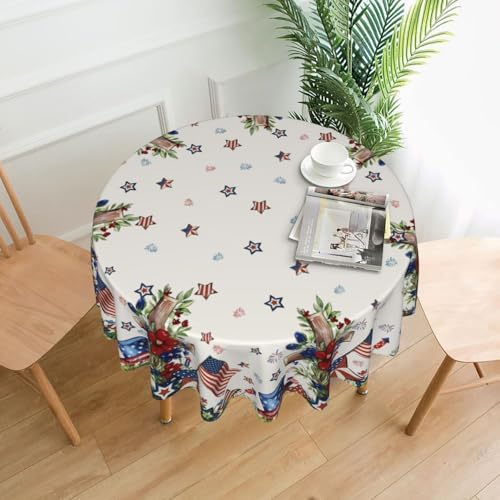 Star Floral Patriotic 4th of July Tablecloth Round 60 Inch Memorial Day American Flag Decorative Table Cloth Washable Wrinkle Stain-Resistant Independence Day Table Cover For Party Picnic Dinner