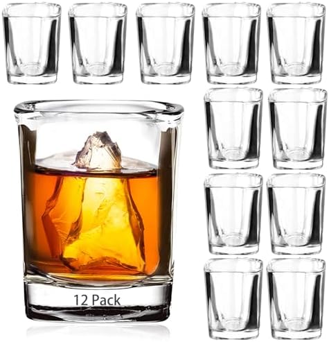 Ruckae 12 Pack 2 OZ Shot Glasses Set Clear Shot Glasses Bulk with Heavy Base Bar Square Glass Shot Cups for Vodka Tequila Whiskey Liquor