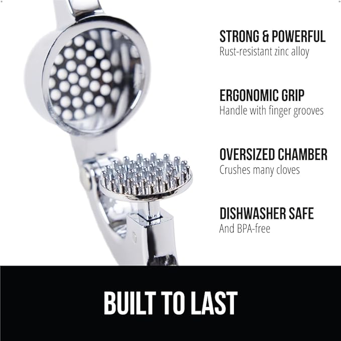 GORILLA GRIP Garlic Press and Peel Set, Heavy Duty Mincer Tool, Large Ergonomic Handle, Easily Mince, Crush Garlics Ginger Nuts, Peeler Included for Peeling Cloves, Holiday Prep Kitchen Gadgets, Black