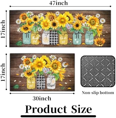 Sunflower Kitchen Decor Rug 2 Piece Set, Summer Country Farmhouse Style Kitchen Floor Mat, Absorbent and Washable Runner Decorations Rug 17×30+17×47 Inches