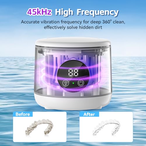 Ultrasonic Retainer Cleaner, 45kHz Denture Cleaner Machine for Mouth Guards, Braces, Toothbrush Heads, Jewelry, Ring, 7.8oz Portable Dental Cleaning Pod with 3 Modes and Digital Timer