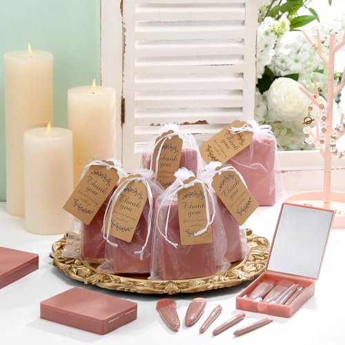 12 Set Travel Makeup Brush Set Bulk with Mirror Mini Travel Makeup Brushes Thank You Cards and Organza Bag Bridesmaid Gift for Bachelorette Party Gift Wedding(Pink)