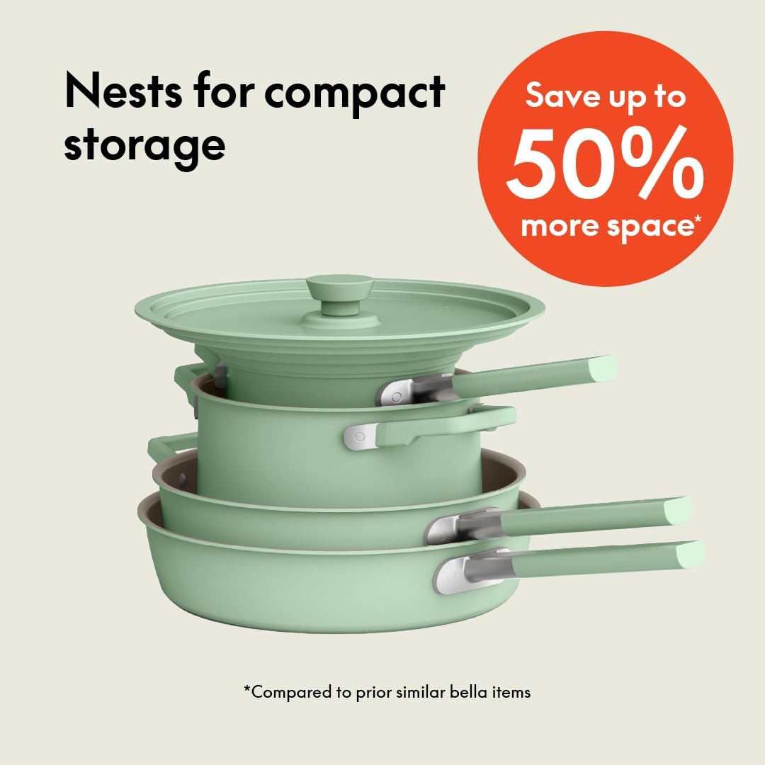 bella 9 Piece Ceramic Nonstick Cookware Set, Fits-anywhere™ Kitchenware w EverGood™ Coating, Dishwasher & Oven Safe, All Stovetops Compatible, Stackable Design, Cool Touch Handles, Seaglass
