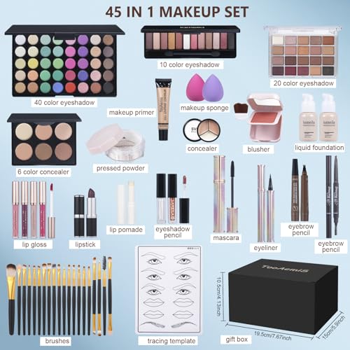Makeup Kit for Women Full Kit、 Makeup Sets for Teens、 Multipurpose Makeup ，eyeshadow、 liquid foundation,Loose powder,Eyebrow pencil,4-color lip gloss set