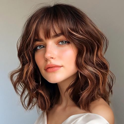 Short Wavy Bob Wig with Bangs Caramel Reddish Brown Curly Hair Wigs for Women Realistic Shoulder Length Style Synthetic Heat Resistant Wig for Everyday Hairstyle 16 Inch