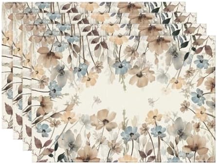 Artoid Mode Brown Poppy Flowers Floral Blossom Summer Placemats Set of 4,12x18 Inch Seasonal Fall Table Mats for Party Kitchen Dining Decoration