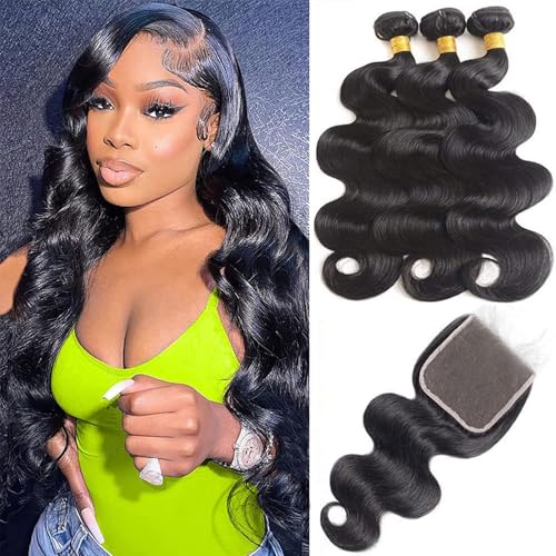 18 20 22 Inch Body Wave Bundles with Closure (16 Inch 5x5 HD Lace Closure) Human Hair Brazilian 3 Bundles with Closure Unprocessed Virgin Human Hair Free Part