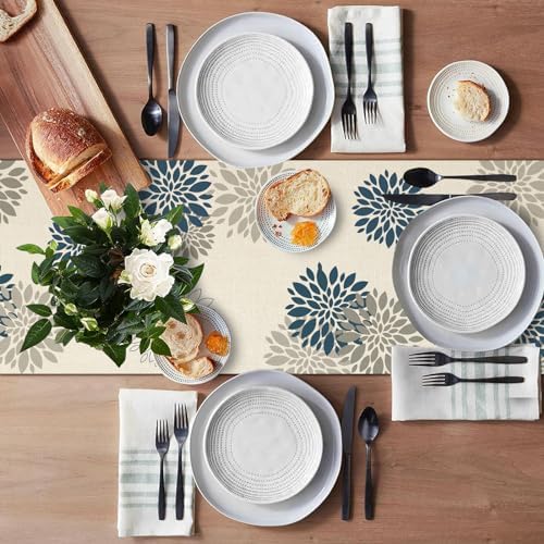 Blue Gray Table Runner Dahlia Pinnata Flower Table Runners Modern Elegant Pompon Farmhouse Geometric Table Center Decor for Home Dining Party Entrance (13x72 Inch)