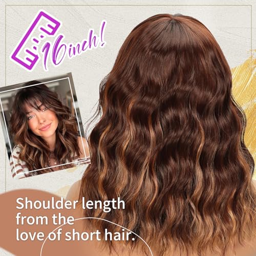Short Wavy Bob Wig with Bangs Caramel Reddish Brown Curly Hair Wigs for Women Realistic Shoulder Length Style Synthetic Heat Resistant Wig for Everyday Hairstyle 16 Inch