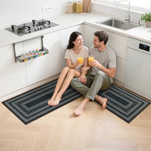 HEBE Washable Kitchen Rugs Sets of 3, Non Slip Absorbent Kitchen Rugs and Mats, Farmhouse Stain Resistant Faux Jute Kitchen Mat Carpet Runner for Kitchen Floor, Laundry Room, Hallway, Black/Grey