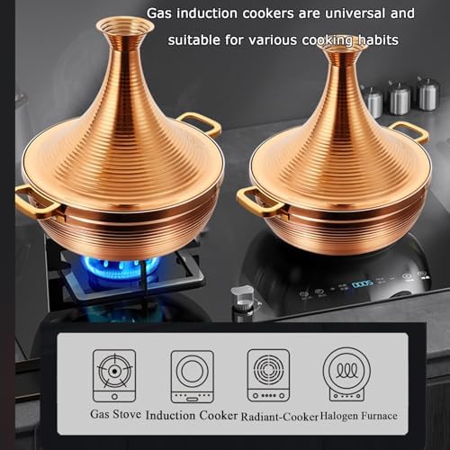 Large Stainless Steel Moroccan Tagine Pot - 30cm Non-Stick Casserole with Cone Lid & 2 Handles - Elegant Gold Cooking Pot for Authentic Moroccan Dishes