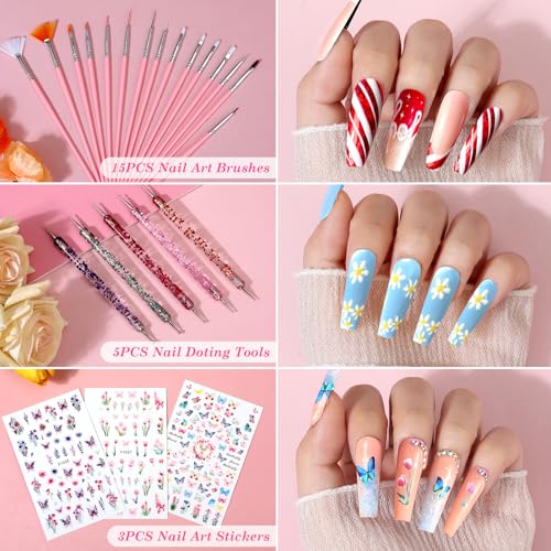 Acrylic Fake Nails Kit Press On Nail Kit with Clear Coffin Nail Tips Nail Display Stand Sequins Sticker Rhinestones Decorations Nail Art Brushes Fine Glitter DIY Nail Art Tool and Supplies