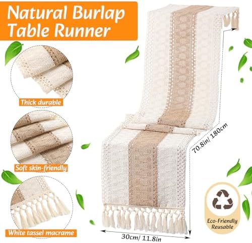 6 Sets Boho Placemats Round Woven Placemats, Cloth Napkins, Wood Bead Napkin Rings, Long Table Runner and Farmhouse Rustic Placemats Natural Burlap Cotton for Kitchen Dining Table Home