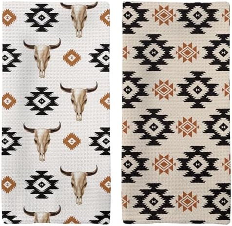 Boho Western Kitchen Towels, Retro Bull Skull Hand Towels, Trendy Vintage Skull Cow Head Dish Towels Dishcloths Tea Towels for Kitchen, Aztec Longhorn Preppy Kitchen Bath Decor Set of 2, 16x24in