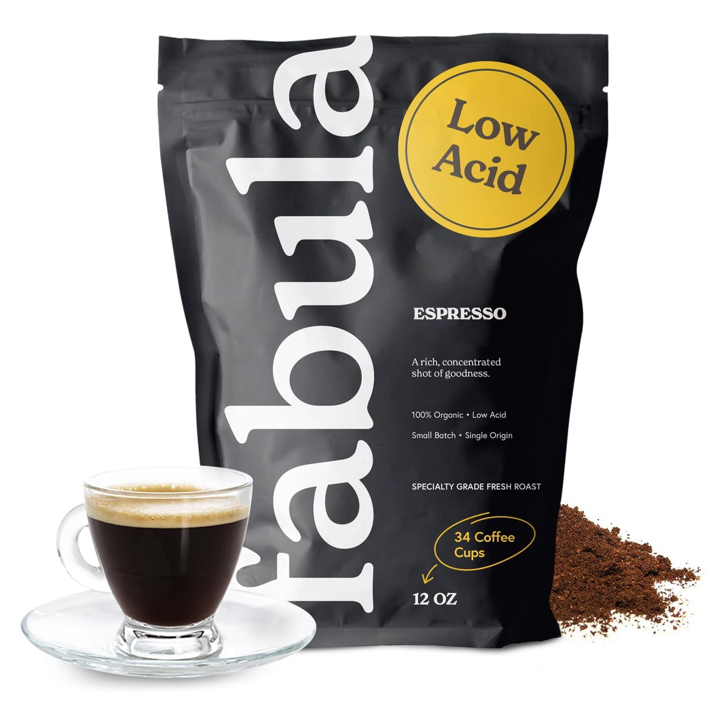 Fabula USDA Organic Espresso Coffee, Freshly Ground Espresso Low Acid Coffee, Non-GMO, No Molds, Mycotoxins Pesticides Free, Single Origin Coffee 12 oz