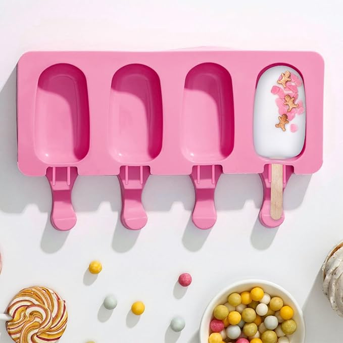 SAYAYA 2 Set Silicone Popsicle Molds with 100 Sticks, Reusable 4 Cavities Homemade Cake Pop & Cakesicle Mold for DIY Ice Cream, Ice Pop, Easy Release & Dishwasher Safe for Kids Family (Pink)