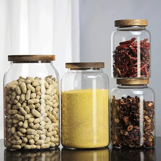 Large Glass Jars with Airtight Wooden Lid, Food Storage Glass Canister, Clear Cereal Storage Container for Flour, Sugar, Coffee Beans, Snack (40 FL OZ (1200ml))