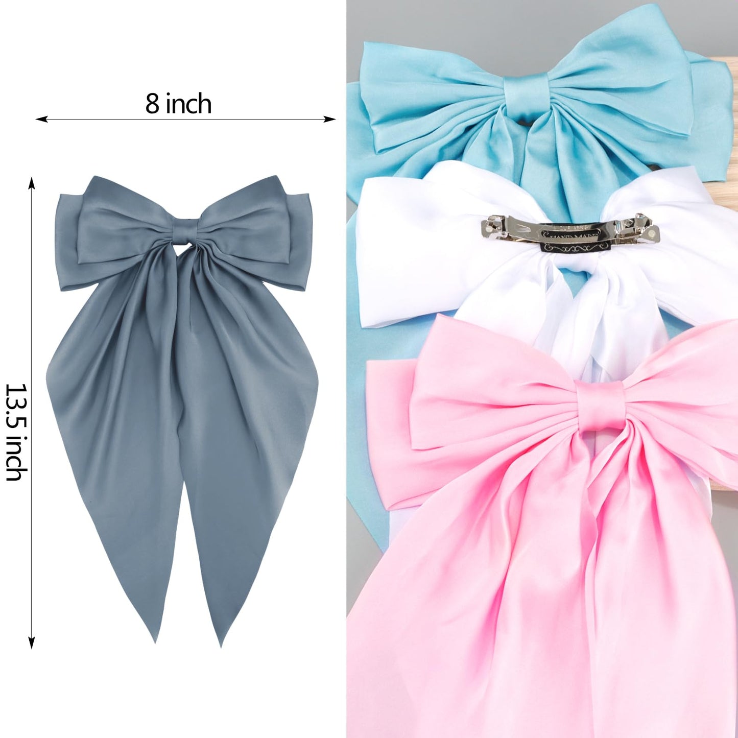 VELSCRUN Women's & Girls' 4-Pack Navy Blue & Pink Satin Hair Bows - Large Coquette & Oversized Ribbons - Long Tail Barrettes - Hair Accessories & Gifts