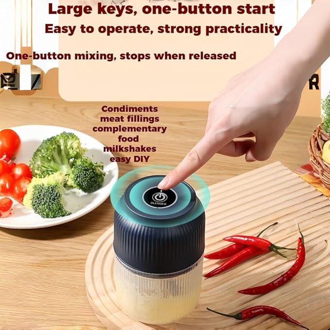 300ML USB Rechargeable Electric Garlic Chopper, Mini Portable Veggie Cutter with Eggbeater&4/6 Knife Heads, Veggie Chopper with Container and Lid, Vegetable Crusher (Blue A)