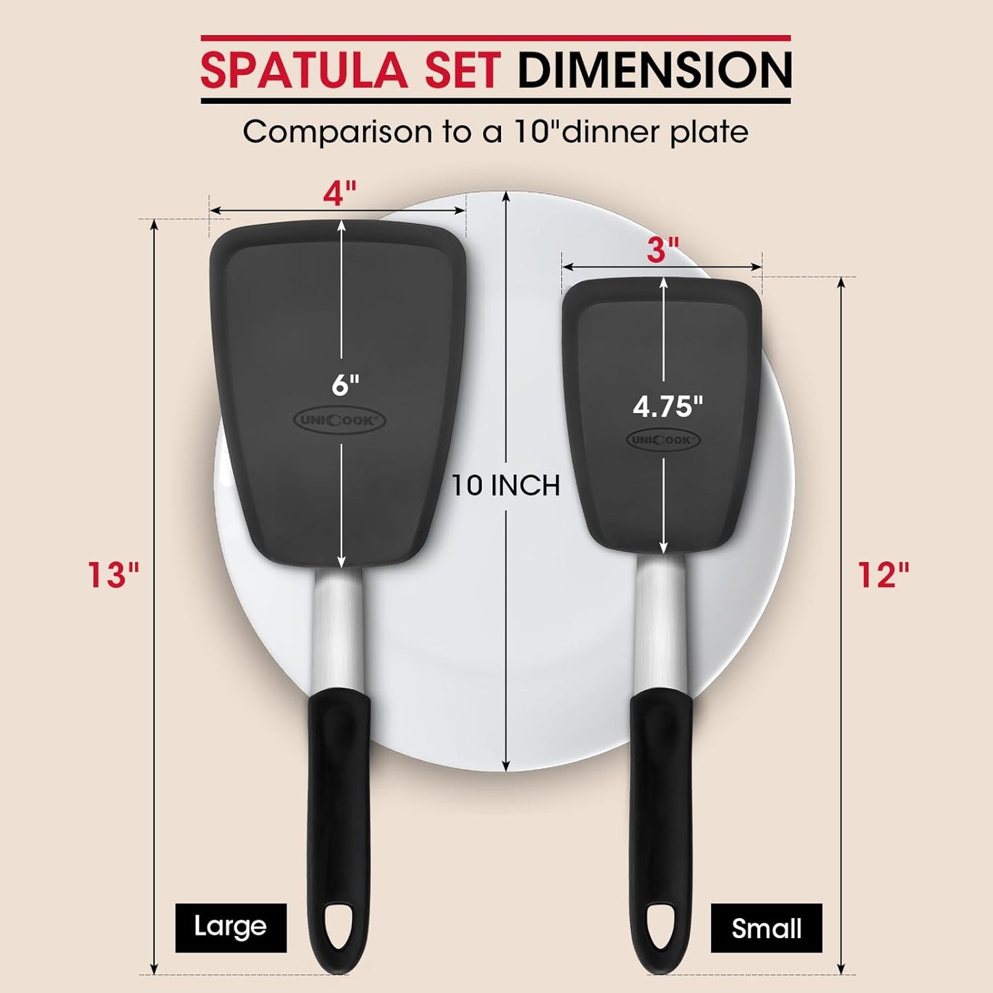 Unicook 2 Pack Flexible Silicone Spatula, Turner, 600F Heat Resistant, Ideal for Flipping Eggs, Burgers, Crepes and More, Black